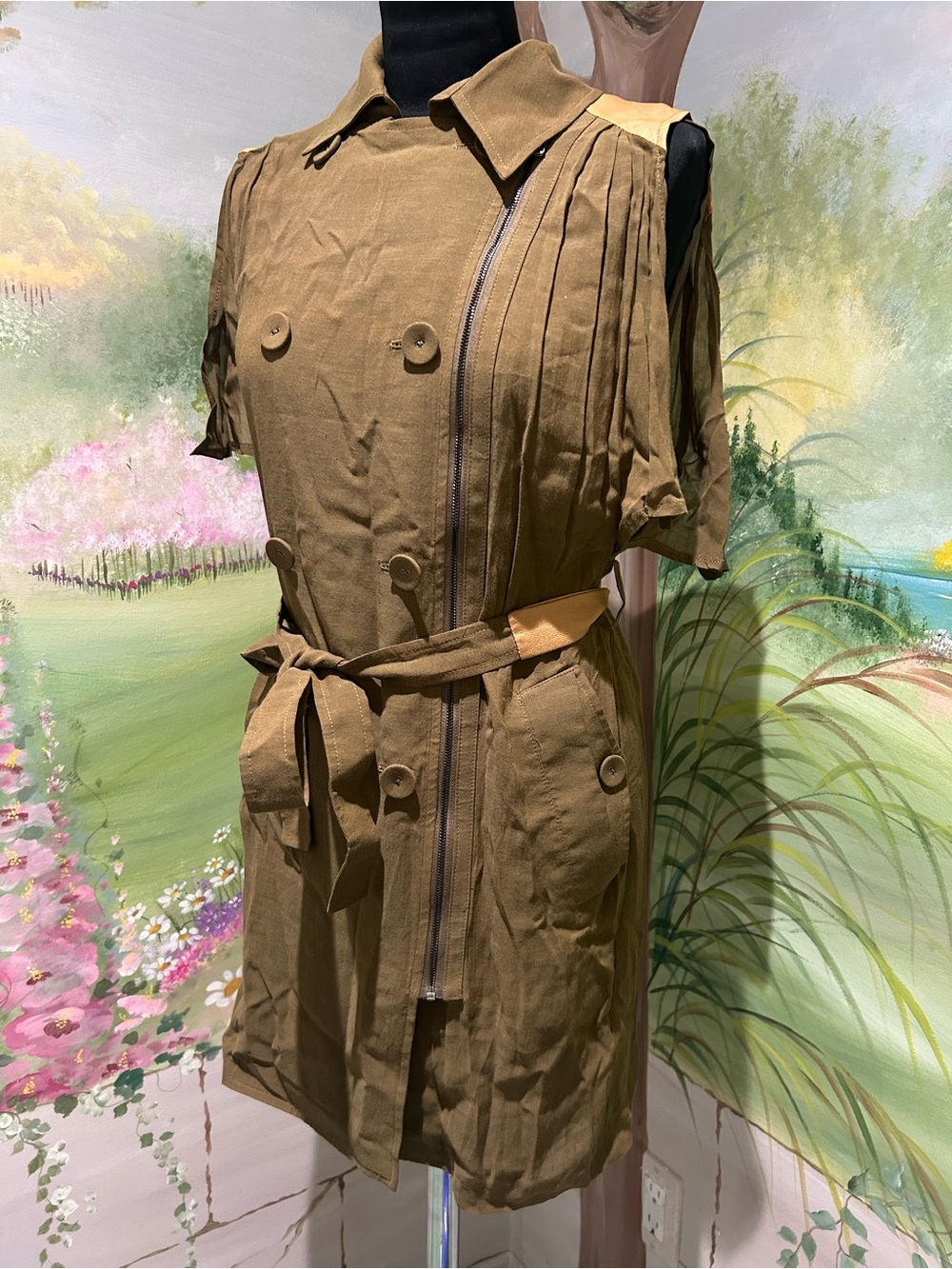 NWOT Plastic Island Khaki Double-Breasted Mini Trench Dress. Size XS